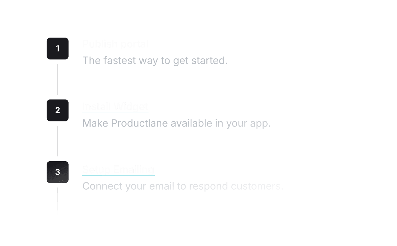 Numbered steps showing Publish portal, Install Widget, and Setup Emailing
